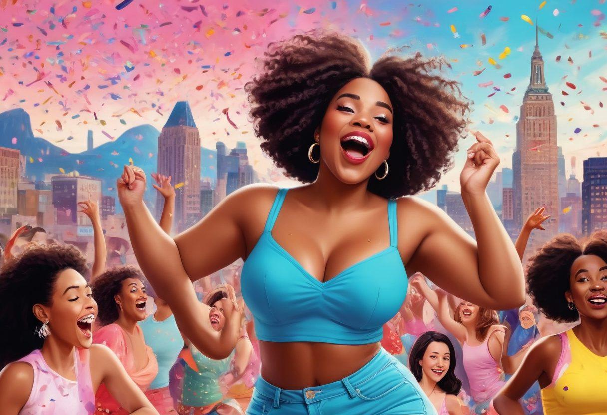 A cartoonish scene depicting diverse women joyfully celebrating their body positivity, surrounded by playful pop culture references related to breasts - like iconic movie posters, humorous memes, and iconic books. Bright colors, exaggerated features, and exaggerated expressions of joy and laughter create an uplifting atmosphere. The background features a whimsical cityscape with bursts of confetti to enhance the celebratory mood. cartoon style. vibrant colors. playful and whimsical.