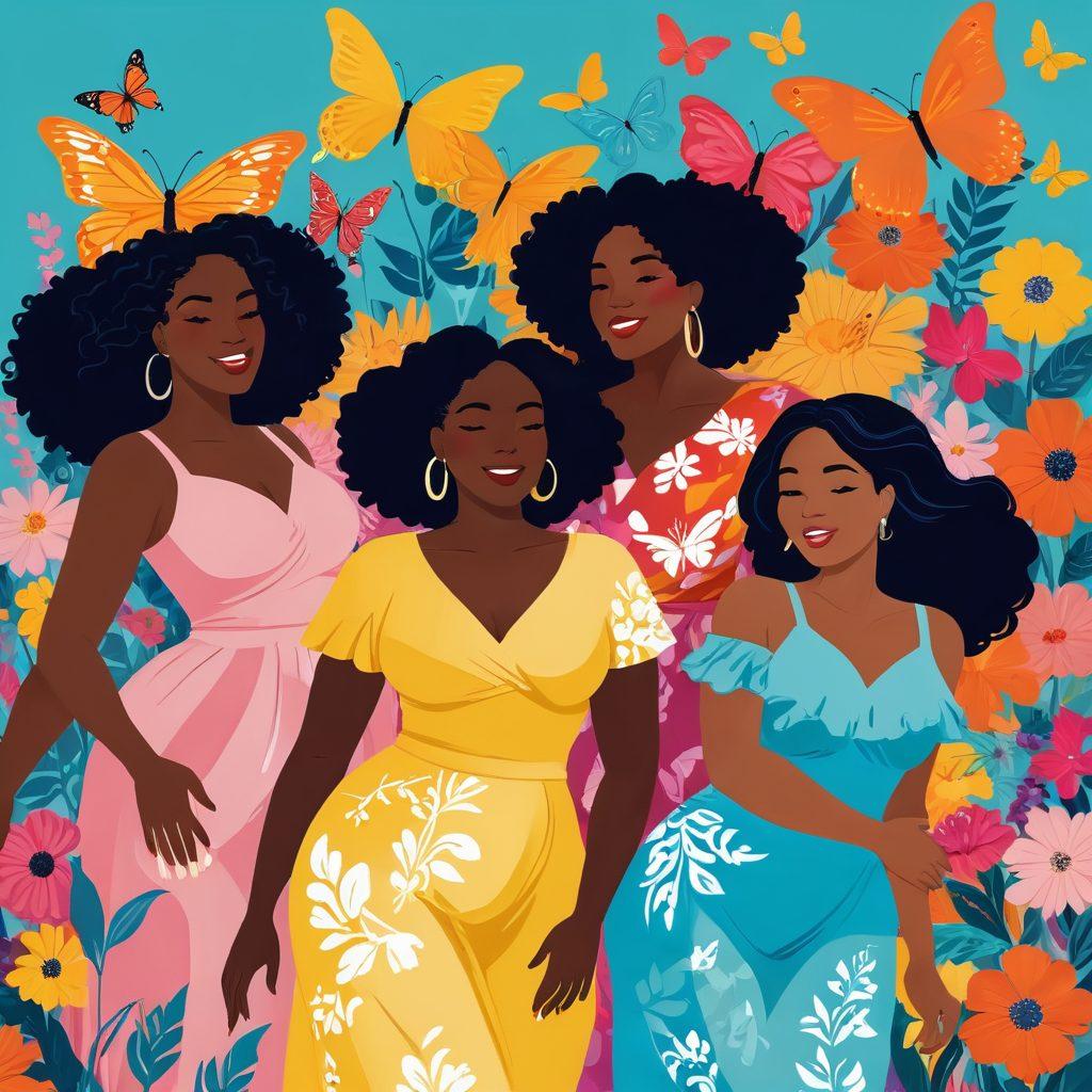 A captivating illustration of diverse women embracing their femininity, each showcasing their unique styles and confidence. Include dynamic poses that celebrate body positivity, surrounded by vibrant flowers and playful elements like butterflies. Use a bright and cheerful color palette to reflect joy and empowerment, with an emphasis on curves and self-expression. The background should be soft and inviting, enhancing the joyous atmosphere. bold and colorful vector art.